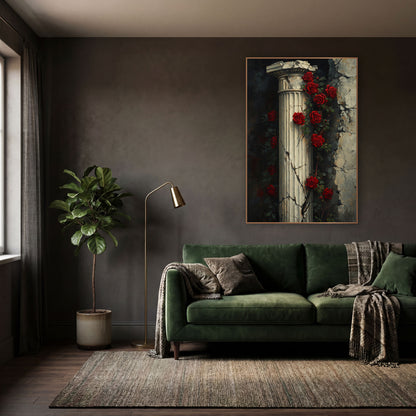 Twin Rose Vines Column Moody wall art in a moody dark academia room – red roses climbing a cracked fluted stone column
