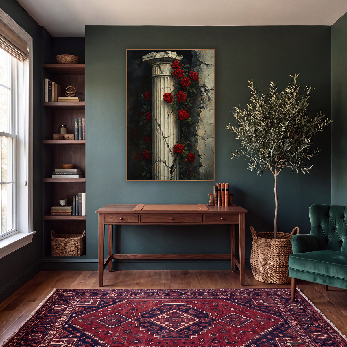 Twin Rose Vines Column Moody wall art in a moody dark academia room – red roses climbing a cracked fluted stone column