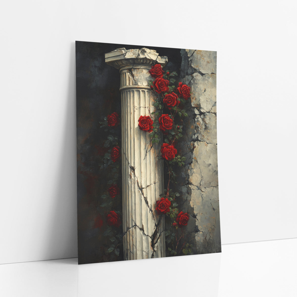 Twin Rose Vines Column Moody art print leaning against a white wall – red roses climbing a cracked fluted stone column