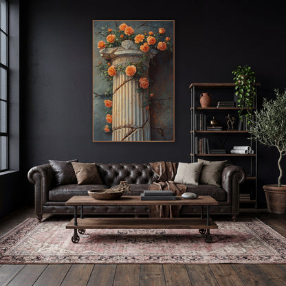Coral Roses Broken Column Classical wall art in a moody dark academia room – coral-orange roses and green leaves