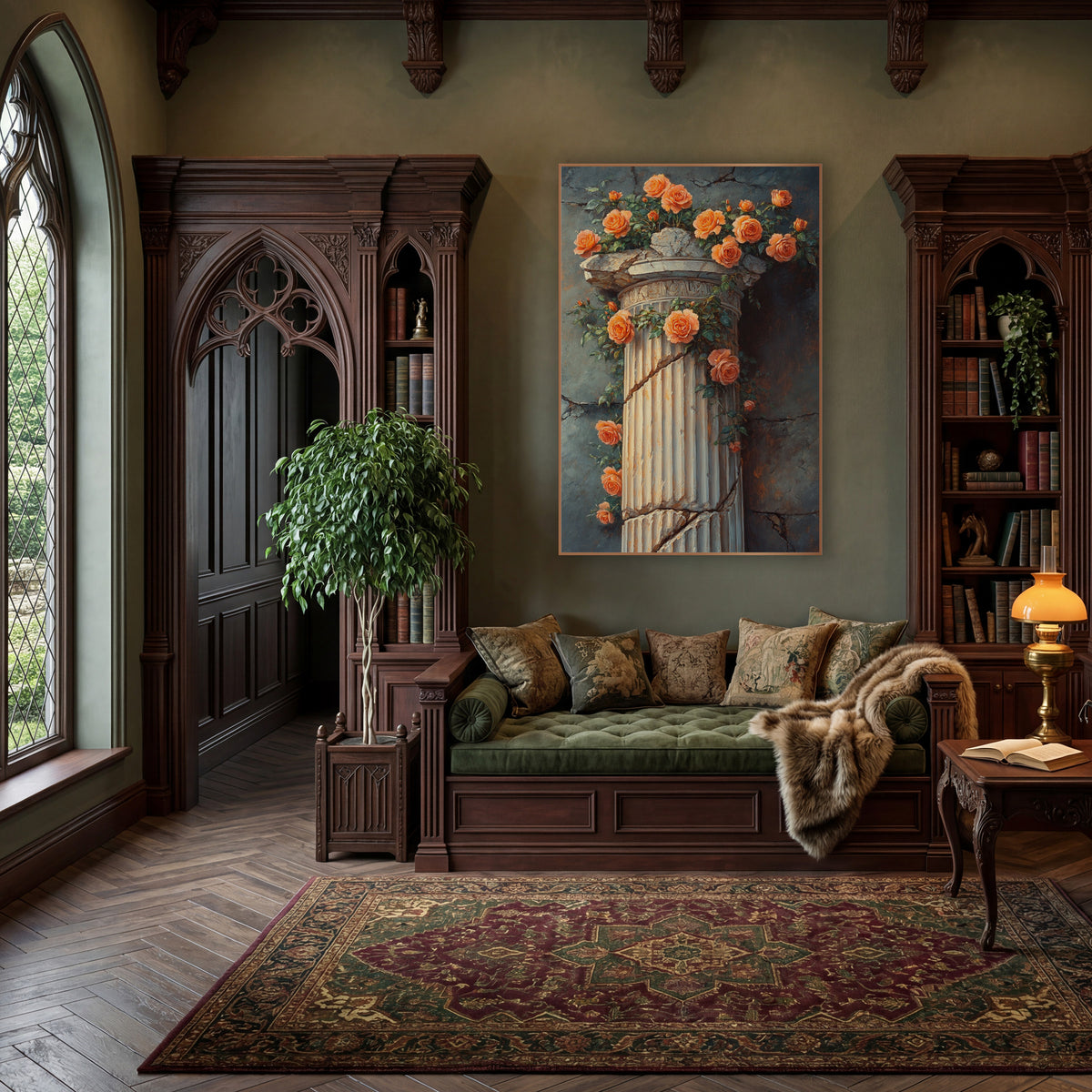 Coral Roses Broken Column Classical wall art in a moody dark academia room – coral-orange roses and green leaves