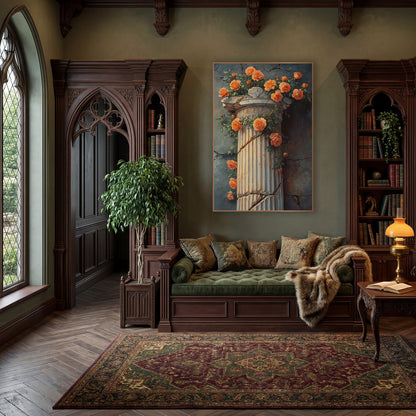 Coral Roses Broken Column Classical wall art in a moody dark academia room – coral-orange roses and green leaves
