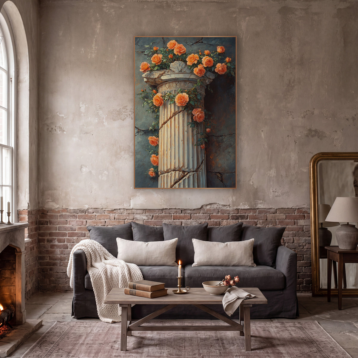 Coral Roses Broken Column Classical wall art in a moody dark academia room – coral-orange roses and green leaves