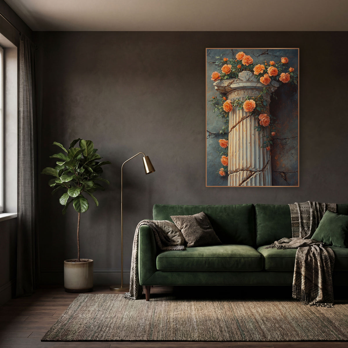Coral Roses Broken Column Classical wall art in a moody dark academia room – coral-orange roses and green leaves