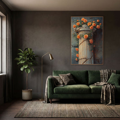 Coral Roses Broken Column Classical wall art in a moody dark academia room – coral-orange roses and green leaves
