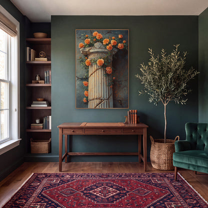 Coral Roses Broken Column Classical wall art in a moody dark academia room – coral-orange roses and green leaves