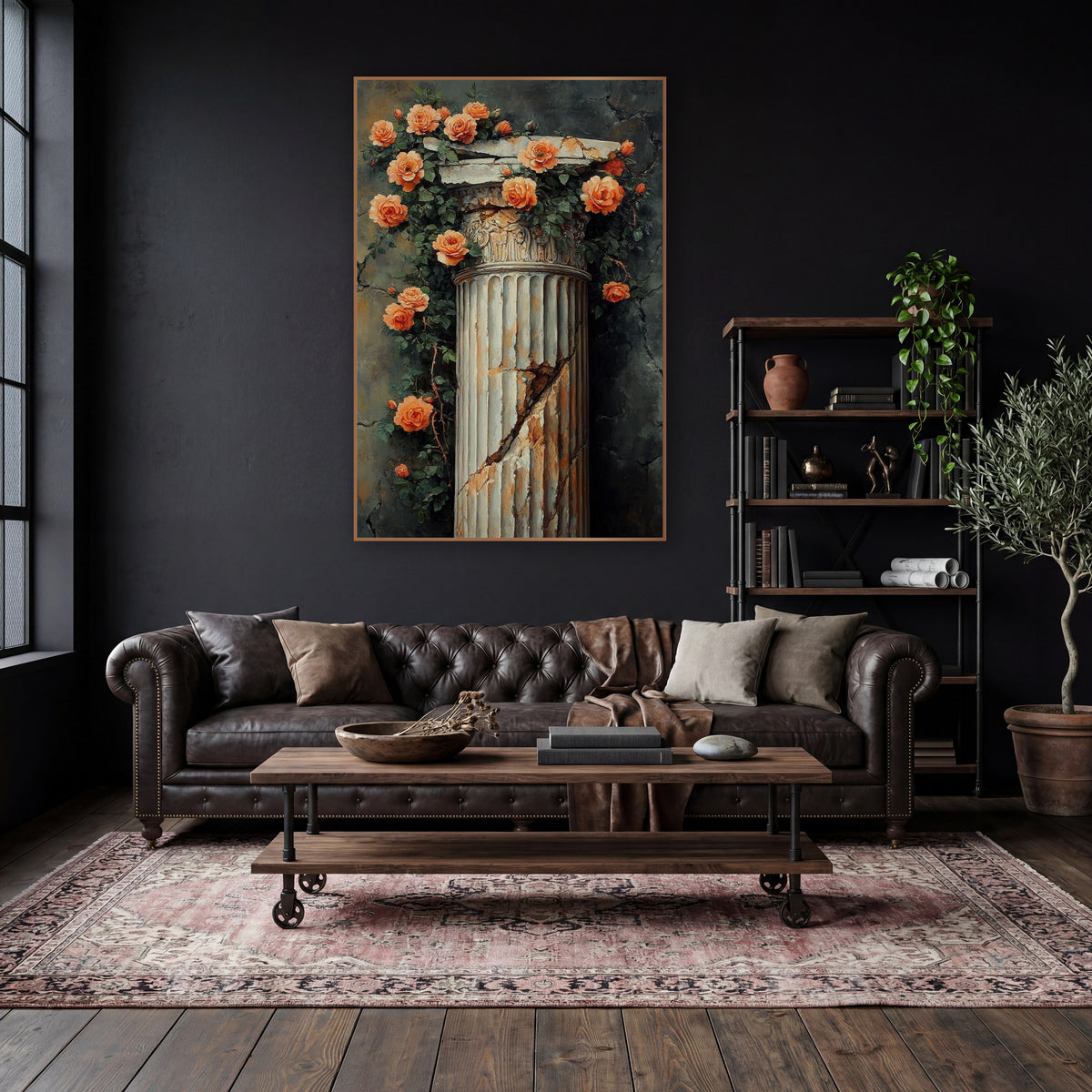 Peach Climbing Roses Weathered Pillar Vintage wall art in a moody dark academia room – peach-orange climbing roses