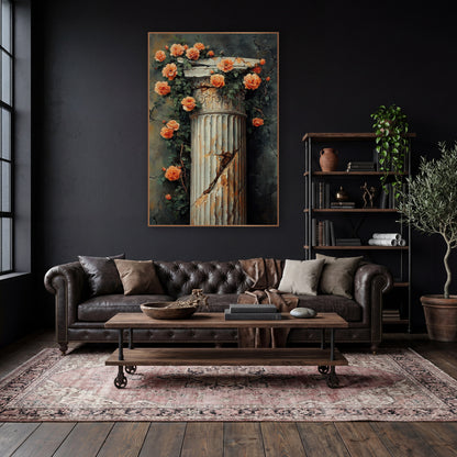 Peach Climbing Roses Weathered Pillar Vintage wall art in a moody dark academia room – peach-orange climbing roses