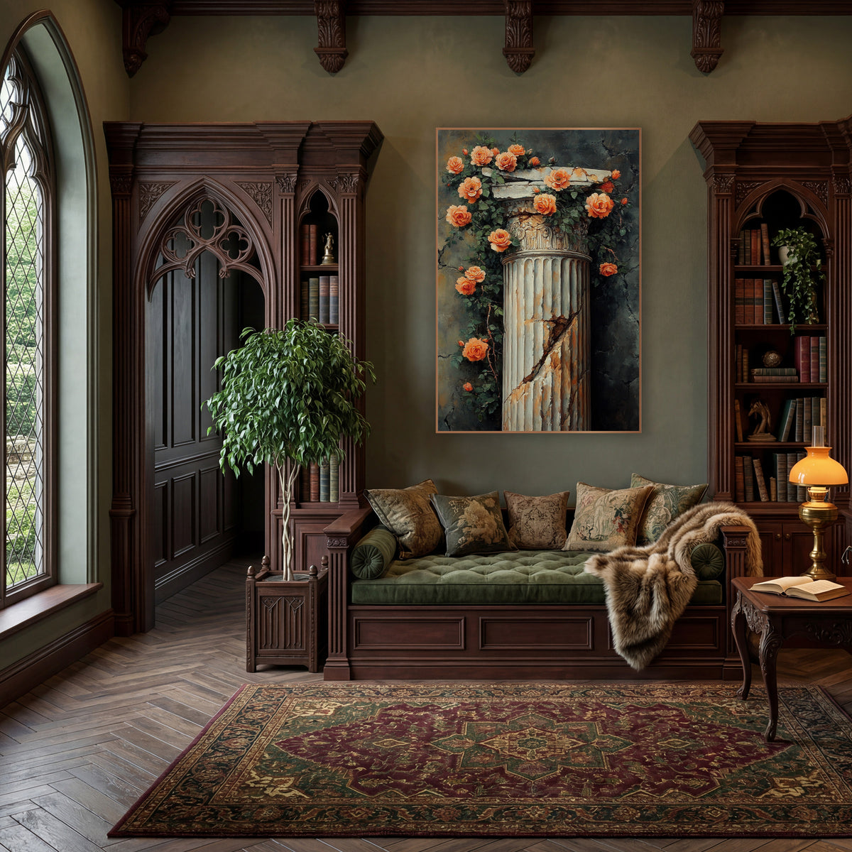 Peach Climbing Roses Weathered Pillar Vintage wall art in a moody dark academia room – peach-orange climbing roses