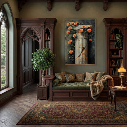 Peach Climbing Roses Weathered Pillar Vintage wall art in a moody dark academia room – peach-orange climbing roses
