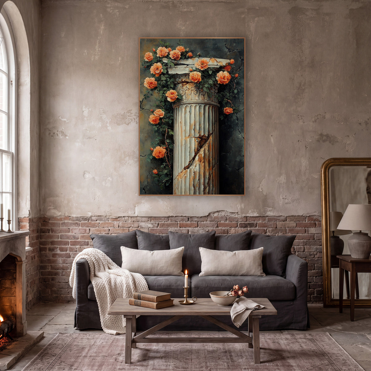 Peach Climbing Roses Weathered Pillar Vintage wall art in a moody dark academia room – peach-orange climbing roses