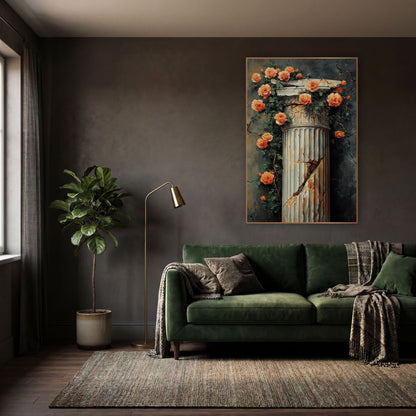 Peach Climbing Roses Weathered Pillar Vintage wall art in a moody dark academia room – peach-orange climbing roses