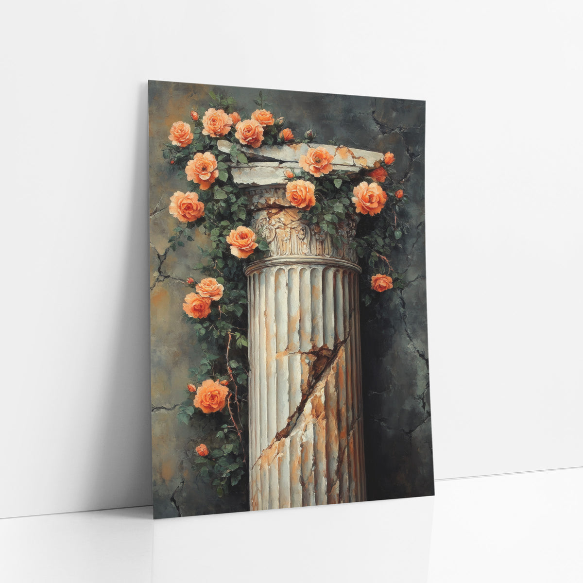 Peach Climbing Roses Weathered Pillar Vintage art print leaning against a white wall – peach-orange climbing roses and green