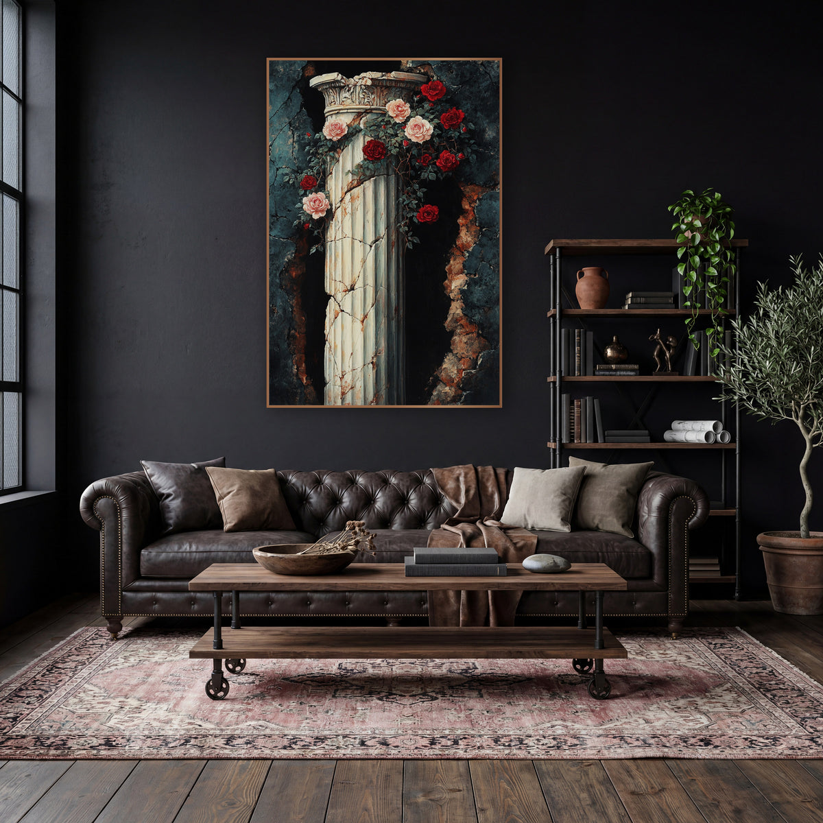 Crimson Roses Breached Wall Gothic wall art in a moody dark academia room – cracked ivory fluted column with carved