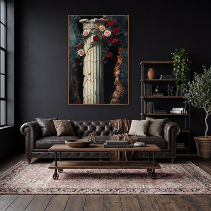 Crimson Roses Breached Wall Gothic wall art in a moody dark academia room – cracked ivory fluted column with carved