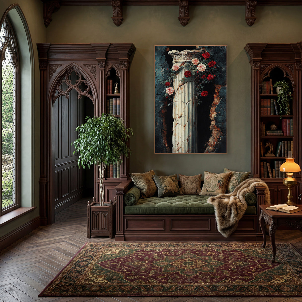Crimson Roses Breached Wall Gothic wall art in a moody dark academia room – cracked ivory fluted column with carved