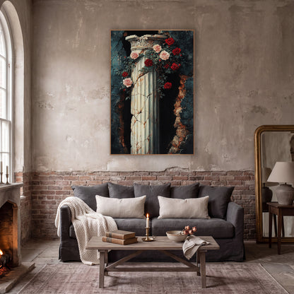 Crimson Roses Breached Wall Gothic wall art in a moody dark academia room – cracked ivory fluted column with carved