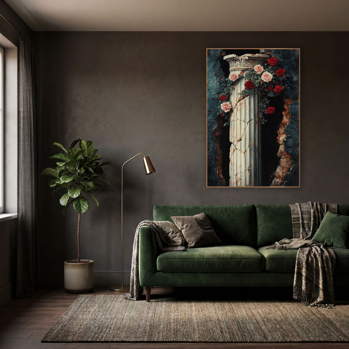 Crimson Roses Breached Wall Gothic wall art in a moody dark academia room – cracked ivory fluted column with carved