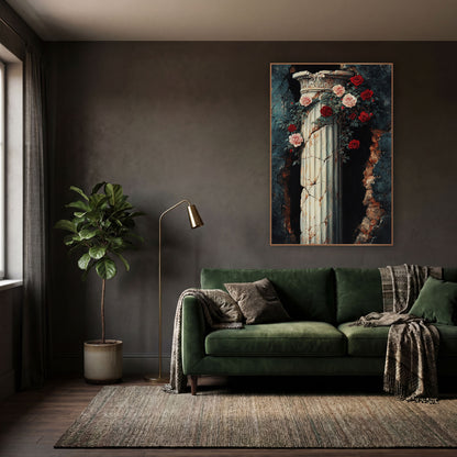 Crimson Roses Breached Wall Gothic wall art in a moody dark academia room – cracked ivory fluted column with carved
