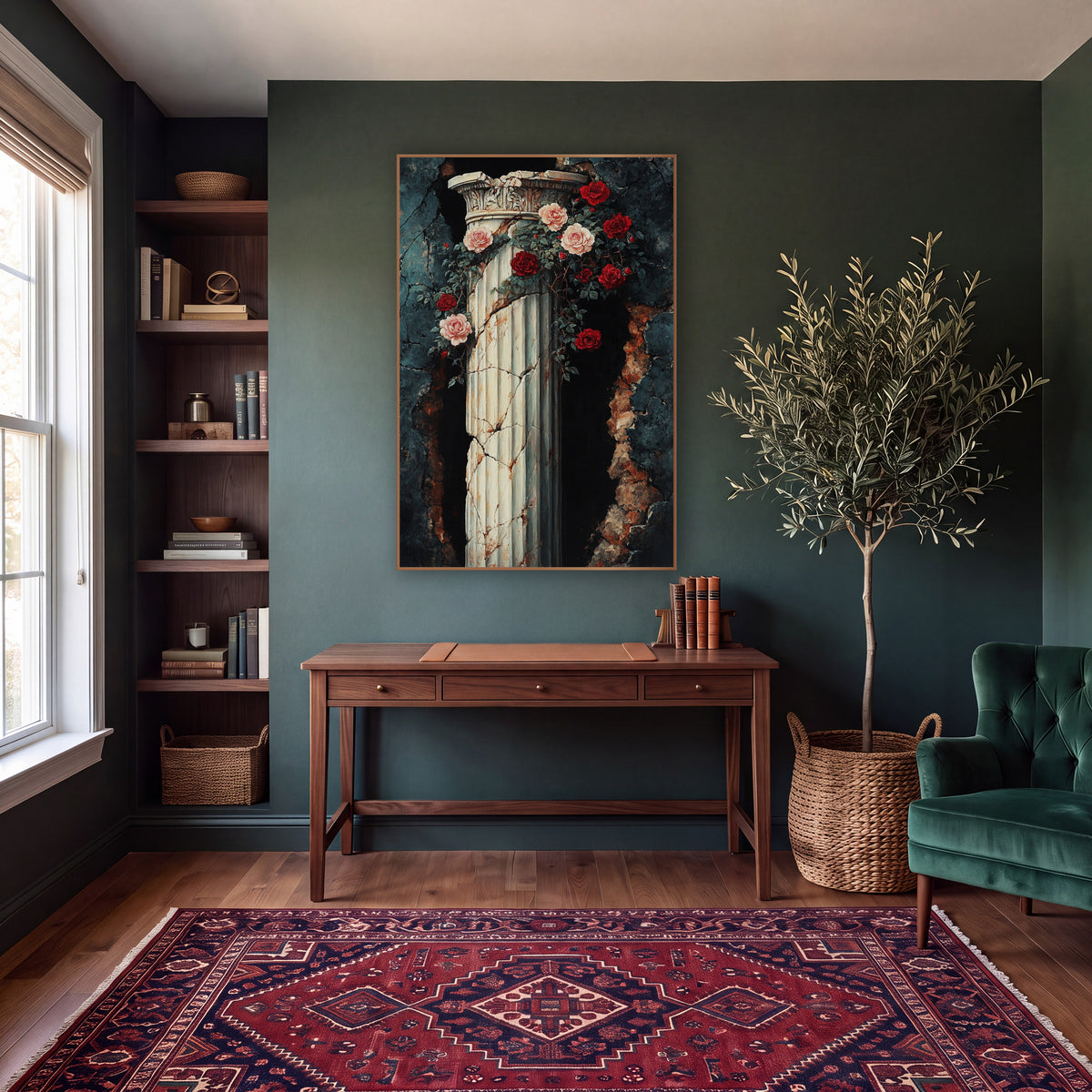 Crimson Roses Breached Wall Gothic wall art in a moody dark academia room – cracked ivory fluted column with carved