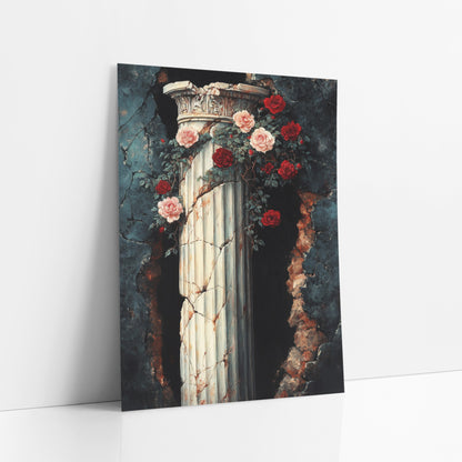 Crimson Roses Breached Wall Gothic art print leaning against a white wall – cracked ivory fluted column with carved top