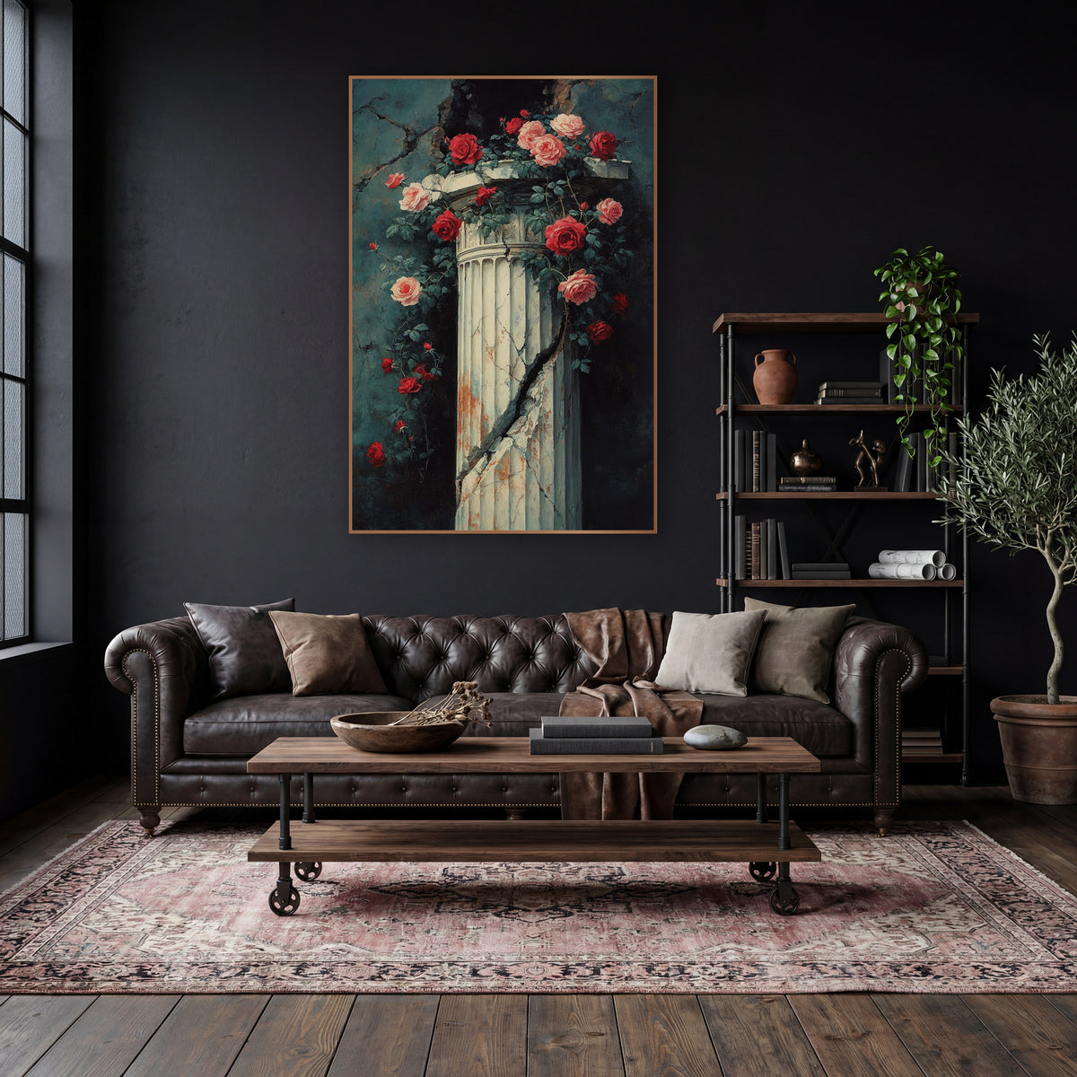 Cracked Column Climbing Roses Classic wall art in a moody dark academia room – red and pink roses climbing a cracked