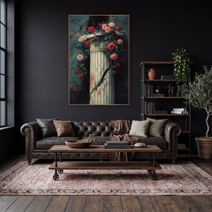 Cracked Column Climbing Roses Classic wall art in a moody dark academia room – red and pink roses climbing a cracked