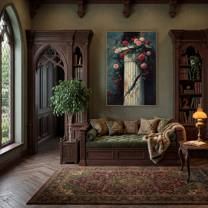 Cracked Column Climbing Roses Classic wall art in a moody dark academia room – red and pink roses climbing a cracked