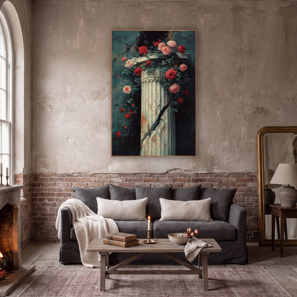 Cracked Column Climbing Roses Classic wall art in a moody dark academia room – red and pink roses climbing a cracked