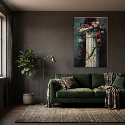 Cracked Column Climbing Roses Classic wall art in a moody dark academia room – red and pink roses climbing a cracked