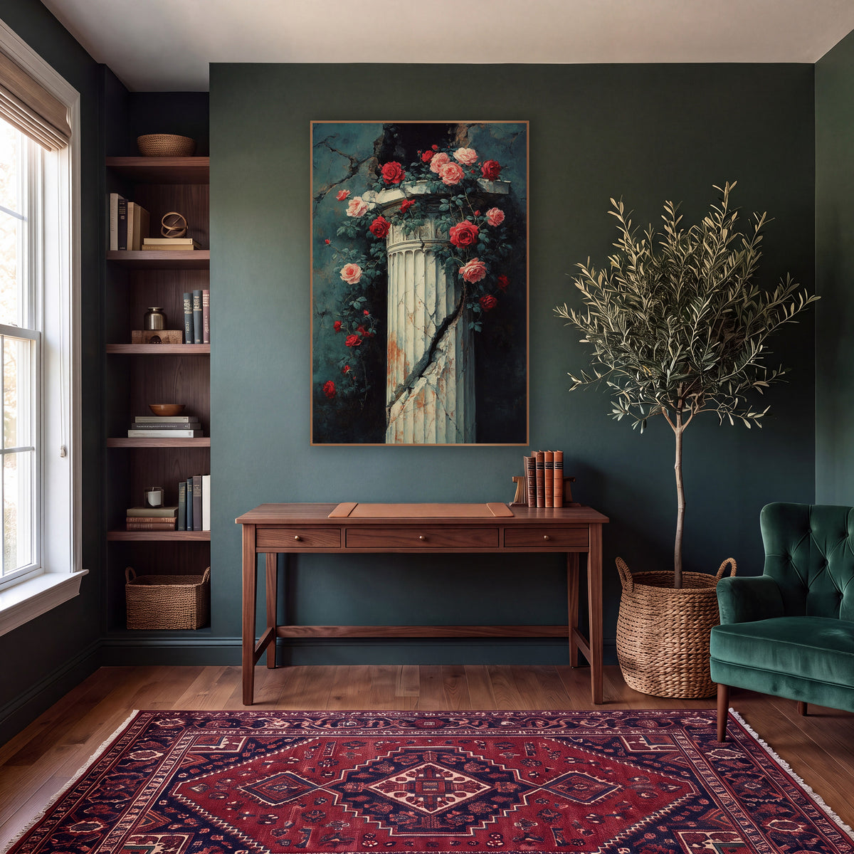 Cracked Column Climbing Roses Classic wall art in a moody dark academia room – red and pink roses climbing a cracked