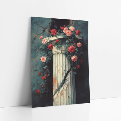 Cracked Column Climbing Roses Classic art print leaning against a white wall – red and pink roses climbing a cracked white