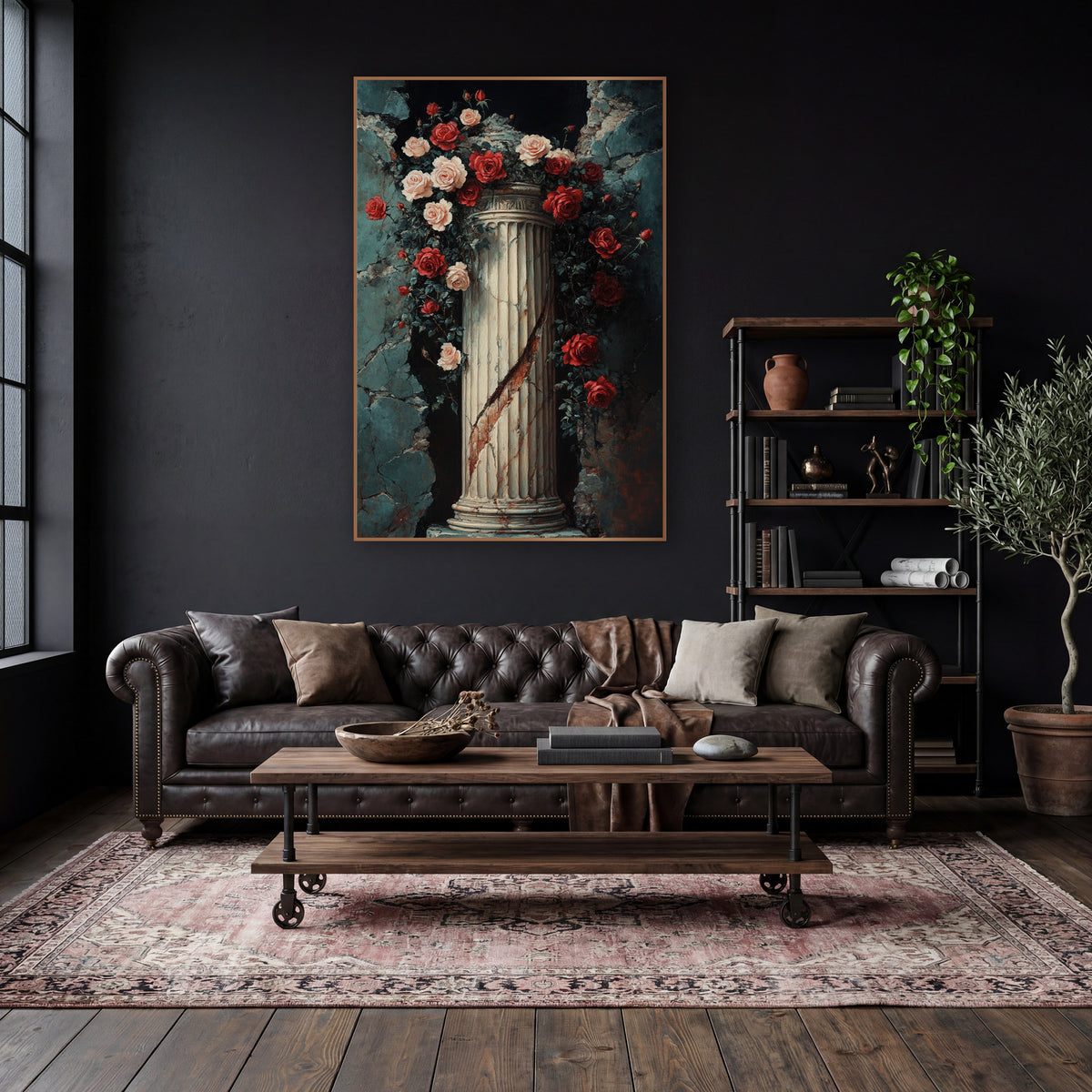 Rose Arch Column Alcove Romantic wall art in a moody dark academia room – red and pink roses with dark leaves climbing