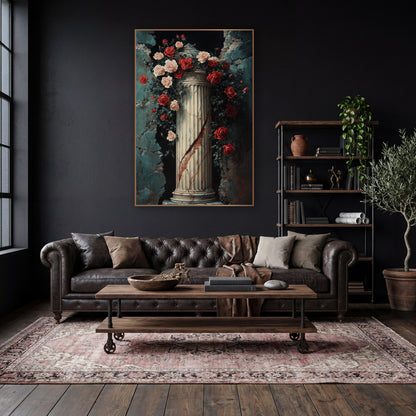 Rose Arch Column Alcove Romantic wall art in a moody dark academia room – red and pink roses with dark leaves climbing