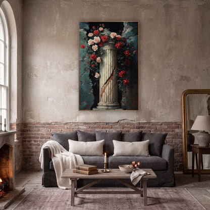 Rose Arch Column Alcove Romantic wall art in a moody dark academia room – red and pink roses with dark leaves climbing