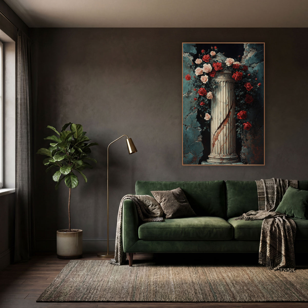 Rose Arch Column Alcove Romantic wall art in a moody dark academia room – red and pink roses with dark leaves climbing