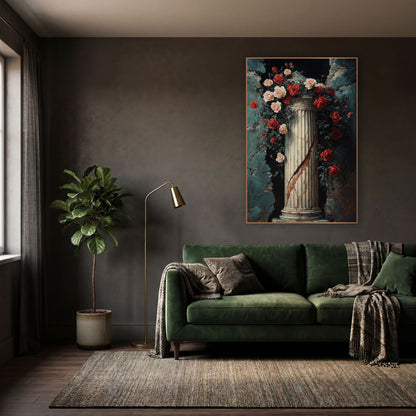 Rose Arch Column Alcove Romantic wall art in a moody dark academia room – red and pink roses with dark leaves climbing