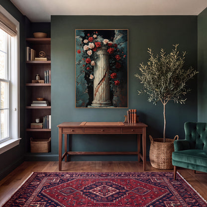 Rose Arch Column Alcove Romantic wall art in a moody dark academia room – red and pink roses with dark leaves climbing