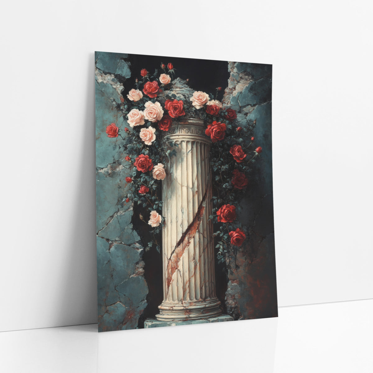 Rose Arch Column Alcove Romantic art print leaning against a white wall – red and pink roses with dark leaves climbing