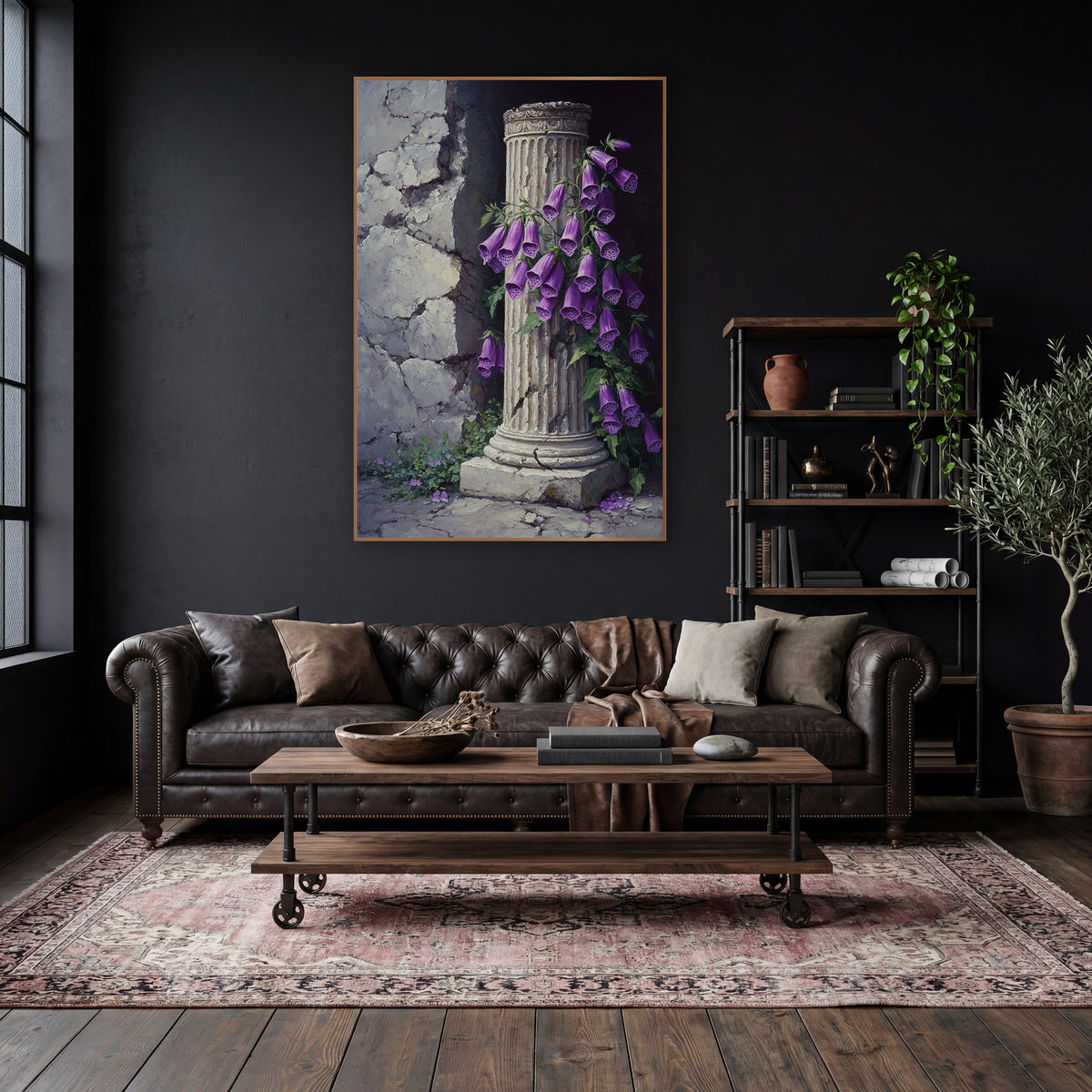 Foxglove Column Corner Classic wall art in a moody dark academia room – purple foxglove flowers climbing a cracked