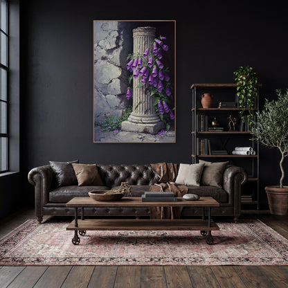 Foxglove Column Corner Classic wall art in a moody dark academia room – purple foxglove flowers climbing a cracked