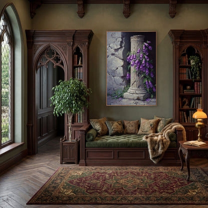 Foxglove Column Corner Classic wall art in a moody dark academia room – purple foxglove flowers climbing a cracked