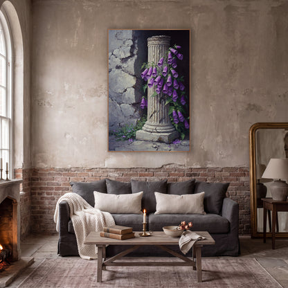 Foxglove Column Corner Classic wall art in a moody dark academia room – purple foxglove flowers climbing a cracked
