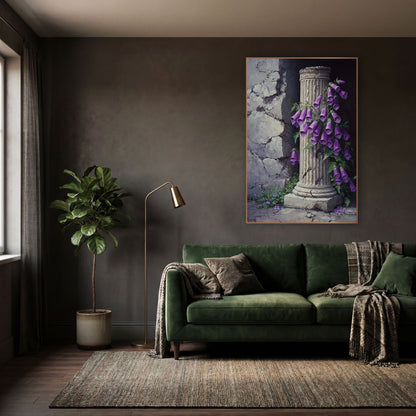 Foxglove Column Corner Classic wall art in a moody dark academia room – purple foxglove flowers climbing a cracked