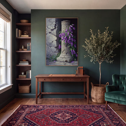 Foxglove Column Corner Classic wall art in a moody dark academia room – purple foxglove flowers climbing a cracked