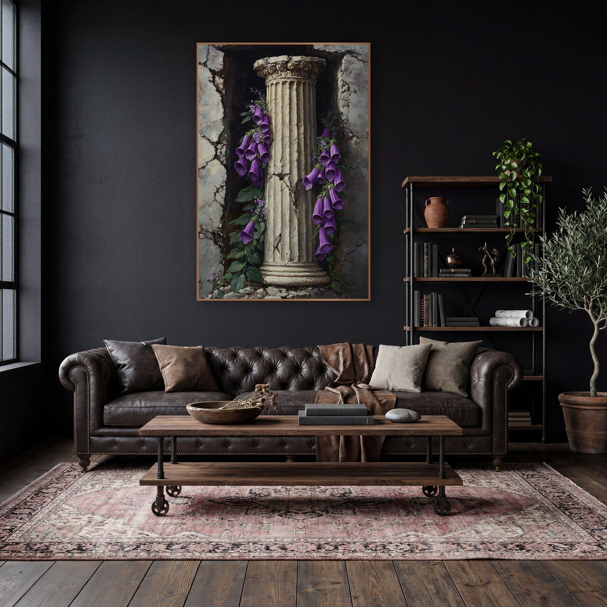 Foxglove Column Niche Classic wall art in a moody dark academia room – purple foxglove flowers hanging beside a cream