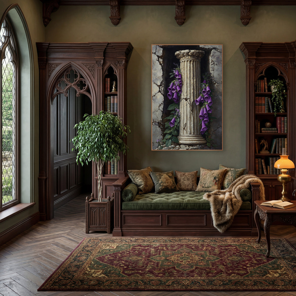 Foxglove Column Niche Classic wall art in a moody dark academia room – purple foxglove flowers hanging beside a cream