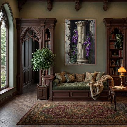 Foxglove Column Niche Classic wall art in a moody dark academia room – purple foxglove flowers hanging beside a cream
