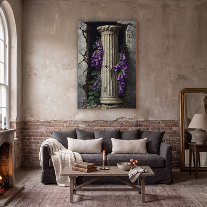 Foxglove Column Niche Classic wall art in a moody dark academia room – purple foxglove flowers hanging beside a cream
