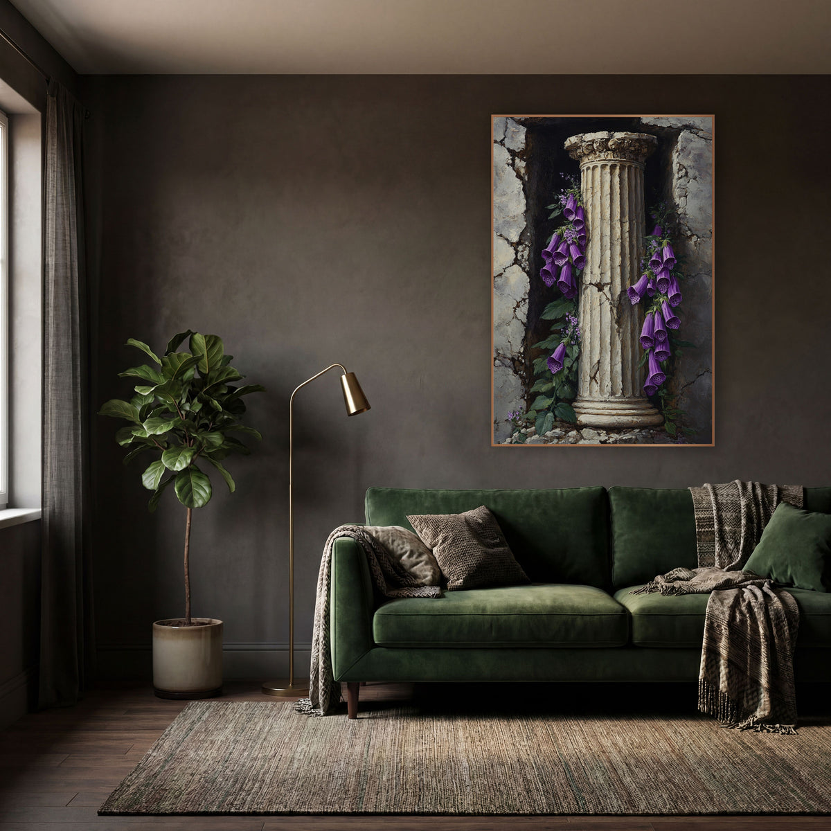 Foxglove Column Niche Classic wall art in a moody dark academia room – purple foxglove flowers hanging beside a cream